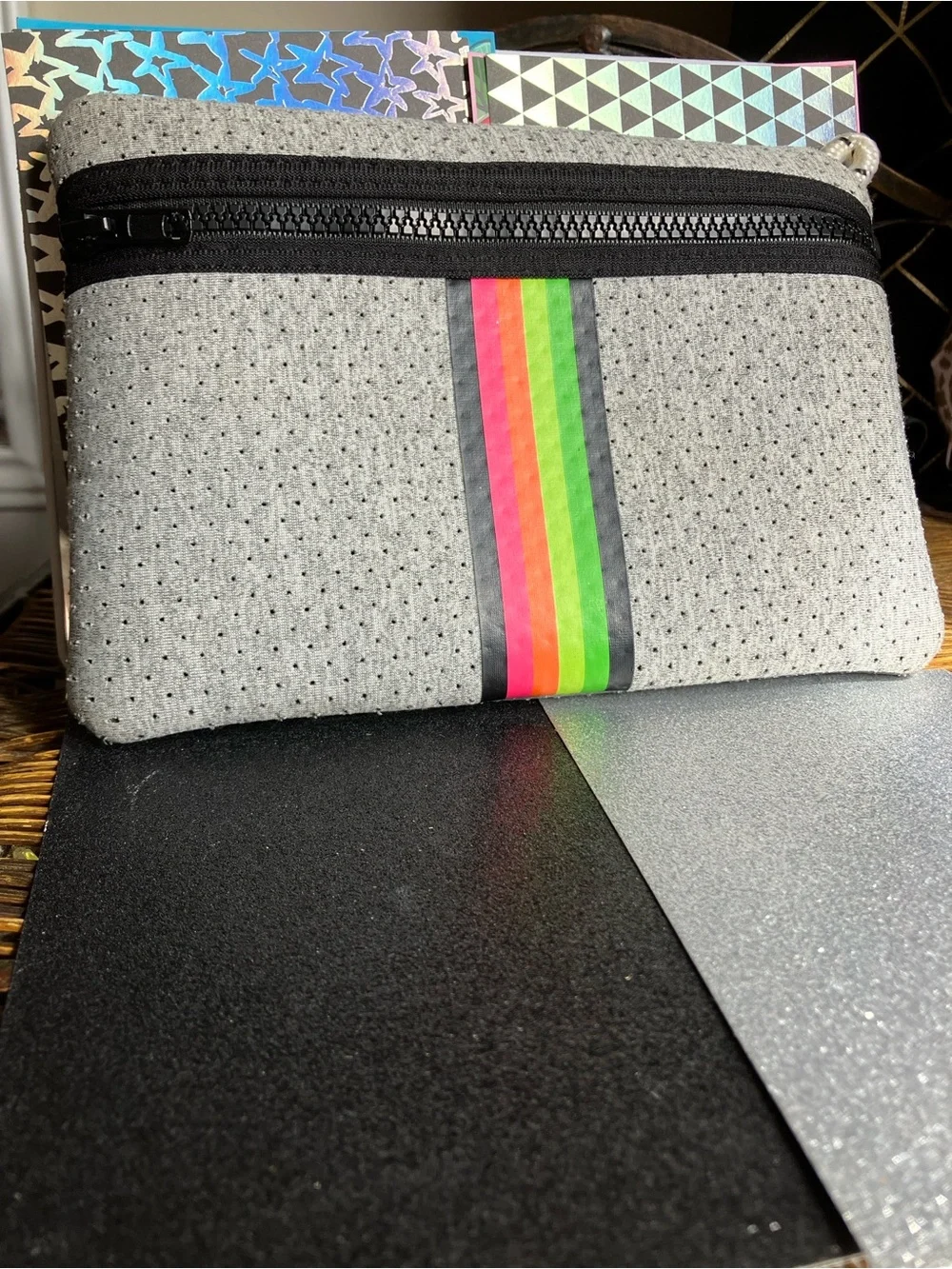 Perforated Grey Neoprene Pouch with Neon Stripe & comes with Cream & Star Balm:)